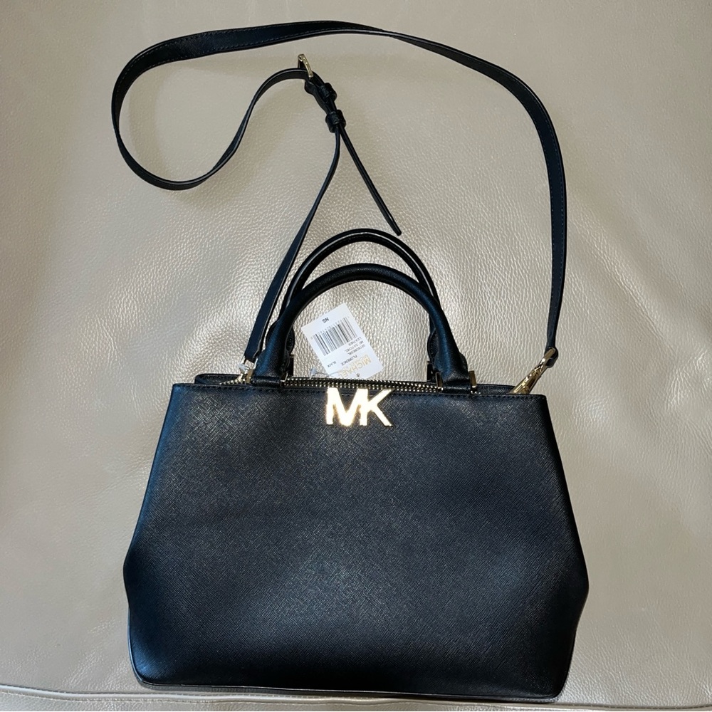 New MICHAEL KORS FLORENCE MEDIUM SATCHEL crossbody strap Black Saffiano Leather